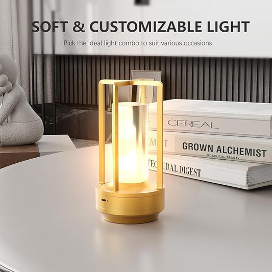 Table Lamp, Portable Cordless Rechargeable LED, 3-Colour Dimming, Gold, Ideal for Bedroom, Outdoor, Restaurants, Bars, Coffee Shops, Camping