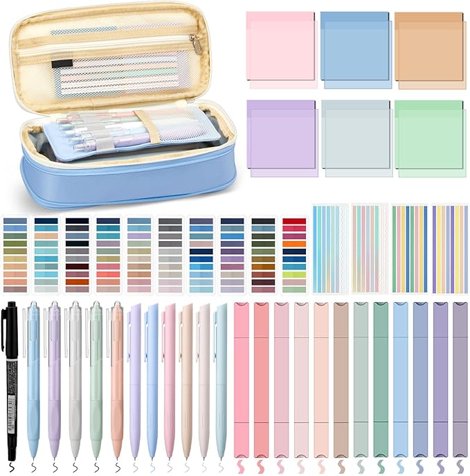 135 Pcs Book Annotation Kit Aesthetic Pencil Case Bag with 12 Highlighter 11 Gel Pen 1 Marker 300 Sheets Transparent Sticky Notes Pads 2640 Index Tabs Bible Study Supplies for School Gift(Light Blue)