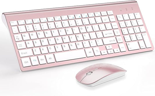Wireless Keyboard and Mouse Ultra Slim Combo, TopMate 2.4G Silent Compact USB 2400DPI Mouse and Scissor Switch Keyboard Set with Cover, 2 AA & 2 AAA Batteries,for PC/Laptop/Windows/Mac-Rose Gold White