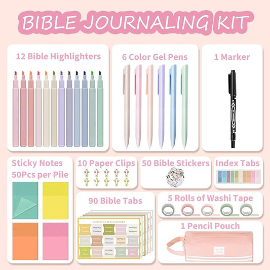 47 Pcs Bible Study Supplies, Journaling Kit for Women, Morandi Bible Study Kit with Pastel Highlighters and Tabs, Pens, Sticky Notes, Annotation Kit