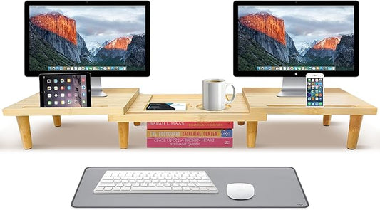 Dual Monitor Stand Riser - Solid Wood 3 Panels Laptop Riser with Storage for Phone/Mug - Home/Office Desk Organizer with Adjustable Length & Angle - Modern Computer Stand for PC, Laptop, & more (Natural)