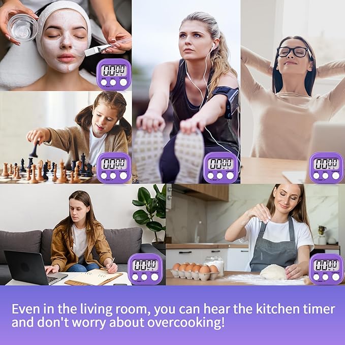 2 Pack Pack Digital Kitchen Timer Magnetic Digital Timer with Big Display Loud Ring Cooking Timers for Cooking, Game, Gym, Break Time, Classroom (2, Blue, Purple)