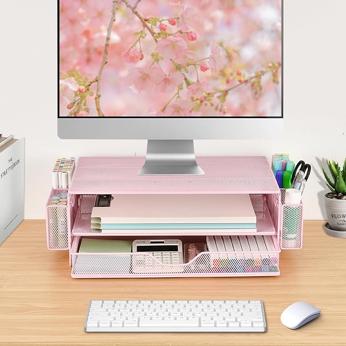 AUPSEN Computer Monitor Stands Riser,2-Tier Desk Organizers and Accessories, Office Desk Accessories Organizer with Drawers and 2 Pen Holder for Office Supplies (Pink)