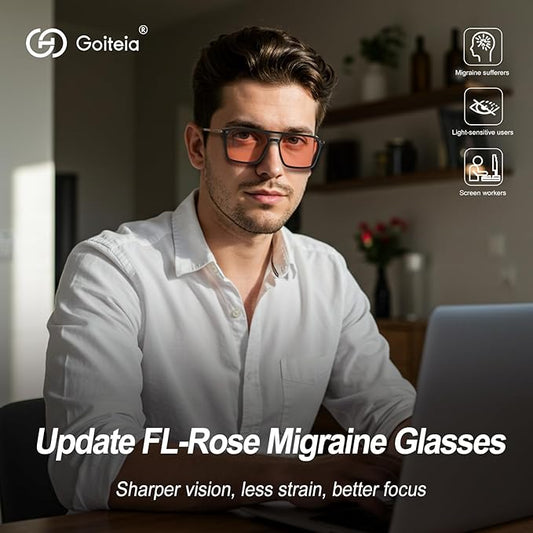 Goiteia FL-Rose Migraine Glasses,Blocks 480–520 nm Light, Light Sensitivity Glasses for Fluorescent LED Glare,Photophobia