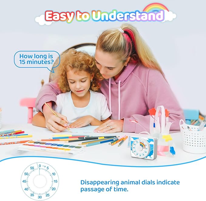 VOCOO Kids Visual Timer for Classroom - 60-Minute Countdown for Kitchen Cooking Office, Strong Magnet, Silent Time Management Tool, 2 AAA Batteries Included, Cute Rainbow Pattern (White)