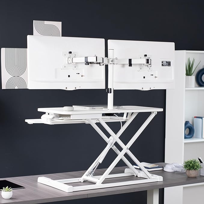 VIVO Height Adjustable 32 inch Standing Desk Converter with Dual 13 to 30 inch Monitor Stand, Sit Stand Monitor Mount and Desk Riser, White, DESK-V000K-M2W
