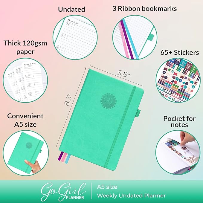 GoGirl Planner and Organizer for Women – A5 Size Weekly Planner, Goals Journal & Agenda to Improve Time Management, Productivity & Live Happier. Undated – Start Anytime, Lasts 1 Year – Emerald