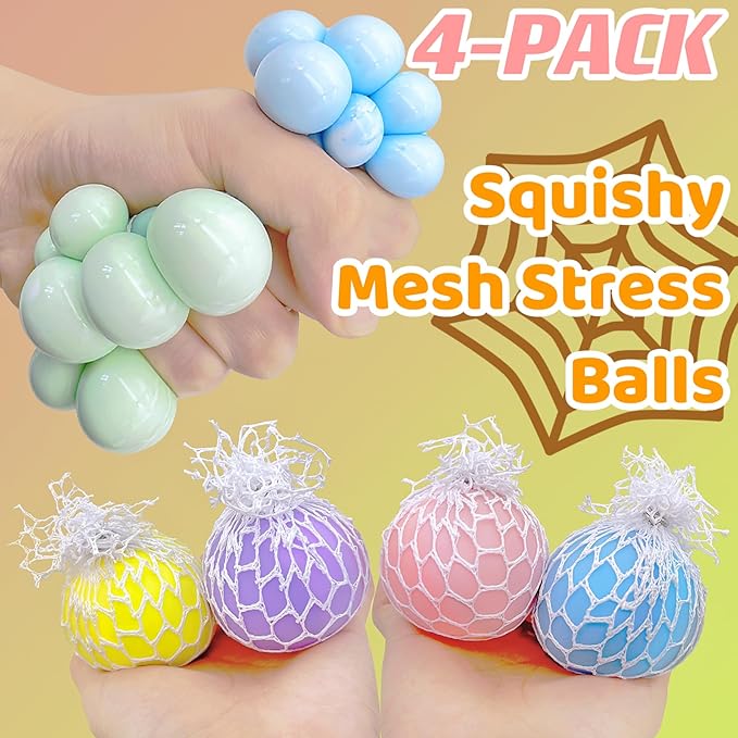 Stress Balls for Kids Fidget Toys Adults Mesh Grape Stress Ball (4Pack) Squishy Toys Fidget Squish Dough Ball Autism Sensory Toys for Autistic Children Stress Relief Toy Party Favors for 8-12