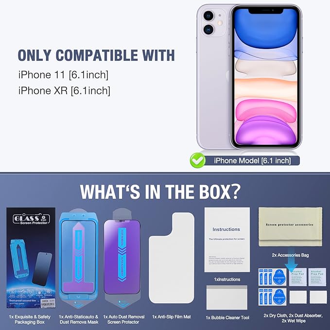 2-Pack Anti Blue Light Matte Screen Protector for iPhone 11 / iPhone XR, 9H Tempered Glass, Full Coverage, Anti-Fingerprint, Auto Dust-Elimination, No Bubble, Easy Installation