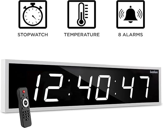 Ivation Huge Oversized 72" Large Digital LED Clock | Big Digital Clock w/Multi-Function Display – Stopwatch, Timer, Alarms, Temp & Date | 6 Brightness Levels, Time Memory & Remote (White)