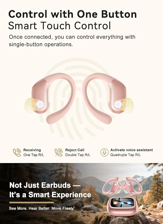 Wireless Earbuds, ENC Noise Cancelling Sport Ear Buds with Multifunctional Touch Screen, IPX7 Waterproof Bass Stereo Sound Earphone for Workout/Running, Rose Gold