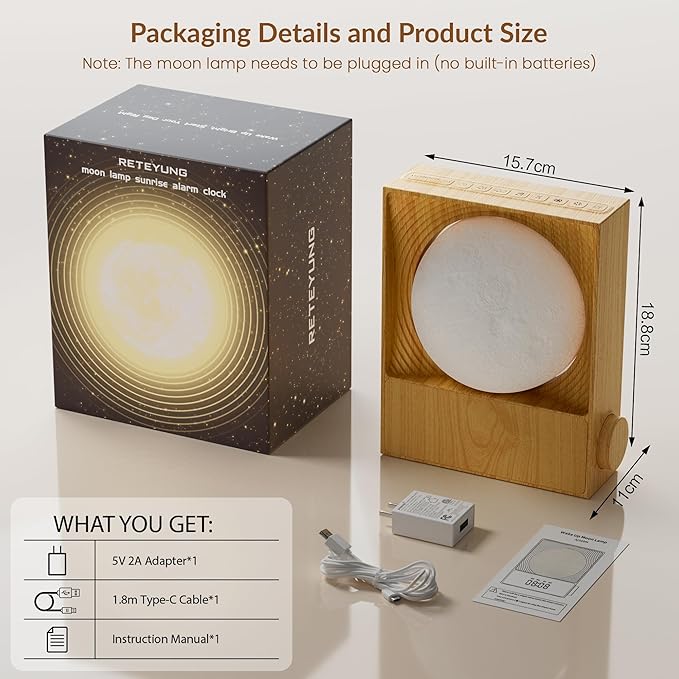 Sunrise Alarm Clocks for Heavy Sleepers,Rotatable Moon Light with Gentle Wake-Up,Clock Night Lamp for Bedrooms - Snooze,10 Light Effects,10 Nature Sounds,15 Ringtones for Adults,Kids,Nursery