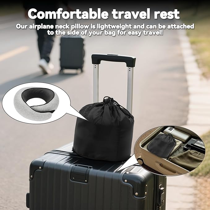 Memory Foam Neck Pillow for Travel - with Eye Mask & Ear Plugs - 100% Pure Ergonomic Support - Compact Portable for Airplane, Car, Office & Home Use - Ideal for Adults & Kids (Dark Grey/Light Grey)