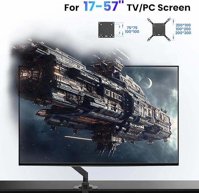 PUTORSEN 17-57 Inch Ultrawide Monitor Arm and TV Desk Mount,up to 59.4 lbs, Premium Aluminum Single Monitor Arm Desk Mount with Gas Spring, Steel Reinforcement Plate, VESA 75x75 to 200x200