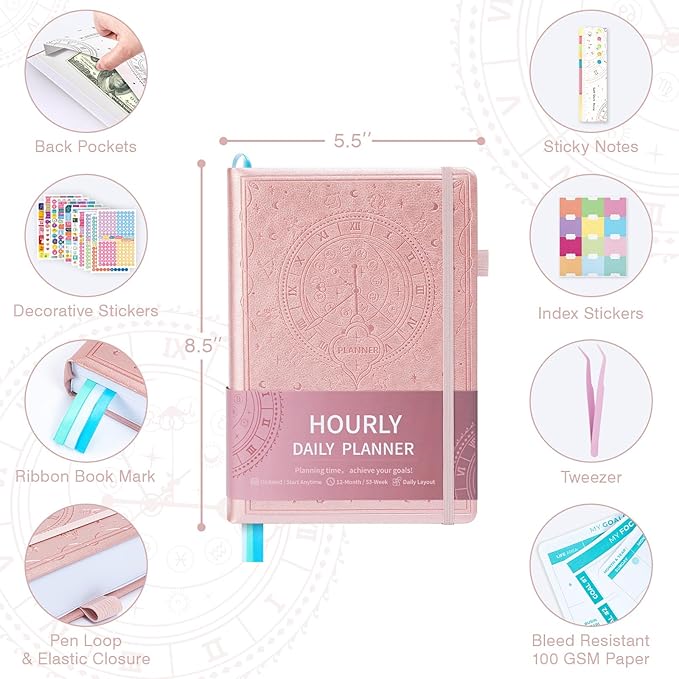 2025-2026 Undated 12 Month Planner Hardcover (5.5x8.5") - Weekly & Monthly Academic Life Organizer, Productivity Journal, Thick Paper, Sticker, Bookmark, Pen Loop(Rose Gold)