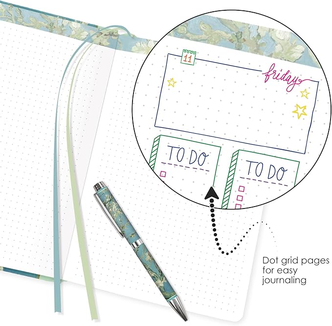 RainCaper Vegan Leather Journal Notebook, 160 Dot-Grid Pages, 5.7 inches x 8 inches, Journal - van Gogh Almond Blossom