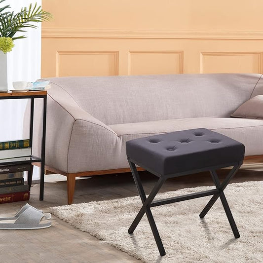 Wimarsbon Ottoman Foot Stool Tufted Vanity Stool Ottomans Thickened Cushion Footstool Mulifunctional Shoe Changing Seat Step Stools with Metal X Leg for Living Room Bedroom Velvet Black