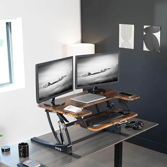 VIVO 36 inch Height Adjustable Stand Up Desk Converter, V Series, Quick Sit to Stand Tabletop Dual Monitor Riser Workstation, Rustic Vintage Brown Top, Black Frame, DESK-V000VN