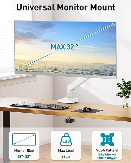 Single Monitor Arm Desk Mount Fits 13 to 32 inch Computer Screens, Holds 4.4 to 22lbs Display VESA Mount, Adjustable Monitor Stand with Clamp/Grommet Mounting Base, 75/100mm Bracket, White, Freelift