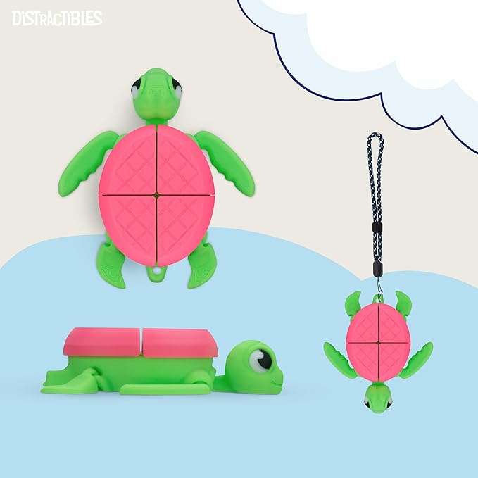 Distractible Turtle Fidget Toy, Articulating Design with Shell Clickers, Pocket-Sized & Durable, Sensory, Stress Relief, ADHD, Autism & Stim (Green-Pink)