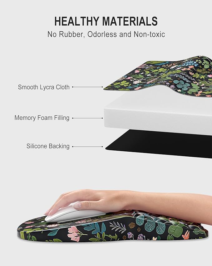 Auhoahsil Ergonomic Mouse Pad with Wrist Rest, Slope Computer Mouse Mat with Wrist Support, Memory Foam Filling, Non-Slip Silicone Base, Pain Relief, for Gaming & Work, 8 x 12 in, Black Flowers