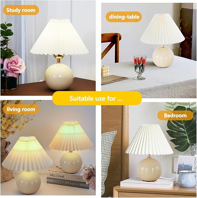 Bedside Table Lamp for Bedroom, Cute Small Pleated Lamps for Nightstand, Modern Circular Ceramic Night stand Lamps, Night Light, Decor Desk Lamp for Living Room Kids Room Dorm Office With E26 LED Bulb