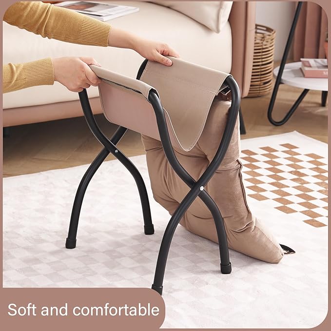 LITA Folding Upholstered Footrest Stool, Modern Small Portable Accent Ottoman with Detachable Thick Cotton Cushion Padded Sofa Stool with Metal Frame for Lazy Chair, Living Room & Bedroom, Khaki