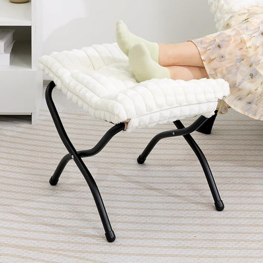 HollyHOME 15"(H) Folding Footrest Stool, Upholstered Small Foldable Ottoman, Accent Padded Sofa Foot Stool for Lazy Chair, Metal Portable Foot Rest Ottoman for Living Room, Bedroom, Faux-Fur White