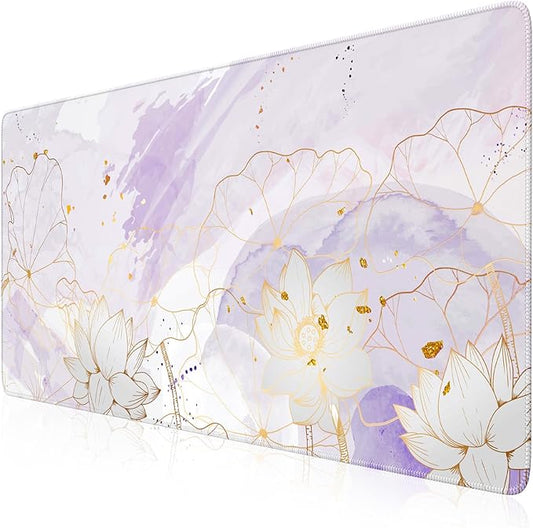 iCasso Desk Cover Mat, Extra Large Lotus Mouse Pad, Desk Pad Mat,Office Matt for Desktop Protector, Anti-Slip XXL Big Mousepad with Stitched Edges for Laptop Computer Keyboard(Purple Lotus Leaf)