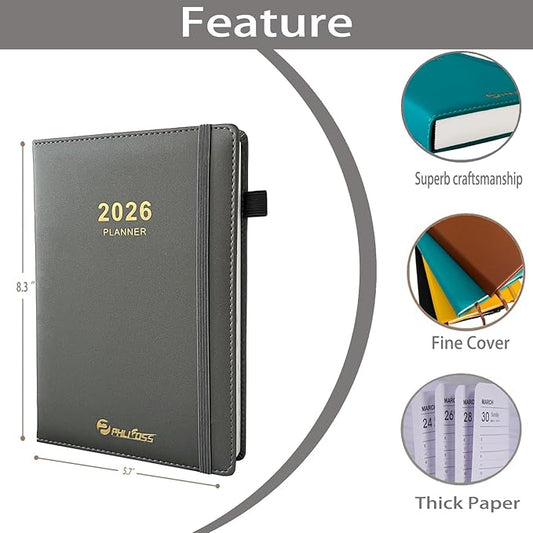 Daily Planner 2026 / Appointment Book, One Page Per Day, Jan - Dec 2026, Annual Daily Monthly Calendar Planner with Hourly Schedule and Monthly Tabs, 5.7" x 8.3" Agenda (Dark Gray)