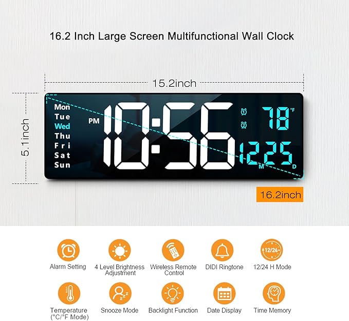 16.2 Inch Large Display Wall Clocks, LED Digital Clock with Remote Control for Living Room Decor, Automatic Brightness Dimmer Clock with Date Week Temperature (Blue)
