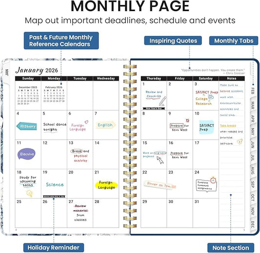 2026 Planner, Monthly and Weekly Calendar Planner for Women, January 2026 - December 2026, Hardcover Pretty 2026 Agenda Planner Book with Tabs, Spiral Bound, Perfect for School Office Home Supplies, 6.3" x 8.5" - Blue Floral