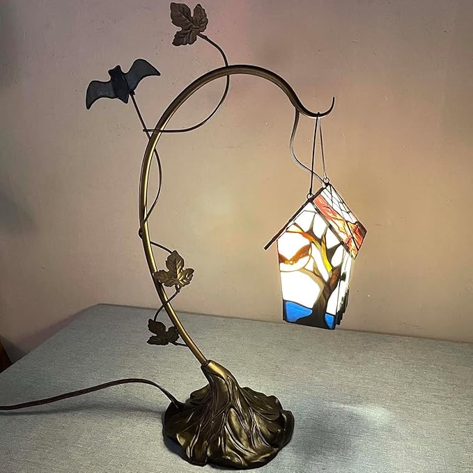 Bieye L10938 Spooky Graveyard Tiffany Style Stained Glass Birdhouse Table Lamp for Halloween Decor (21-inch High, Bat Nest)