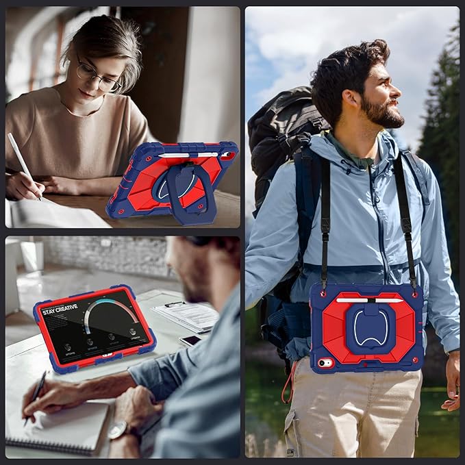 Case for iPad (A16) 11th/10th Generation 11.0/10.9 Inch with Screen Protector/360° Rotating Stand/Shoulder Strap/Pencil Holder,Military Grade Shockproof iPad Case 10th Generation,Navy Red