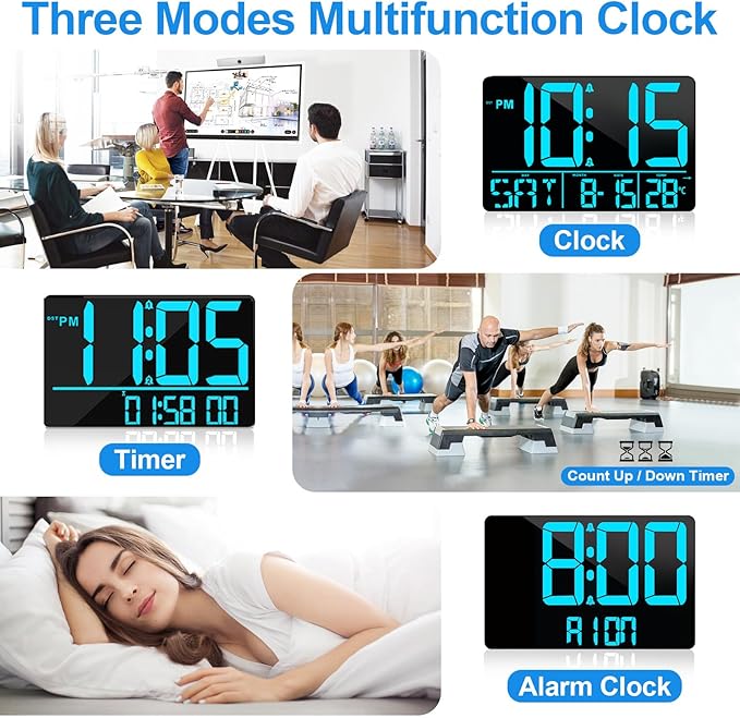 13" Digital Wall Clock Large Display with Remote, 25 Ringtones, Temperature, Calendar, 0-100% Auto or Custom Brightness, 12/24H, DST, Timer, for Living Room, Kitchen, Bedroom, Elderly(Blue)