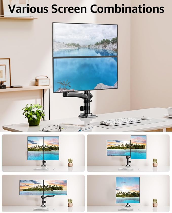 Dual Monitor Stand Holds 4.4-22 lbs Each, Dual Monitor Arm for 2 Monitors, Height Adjustable Computer Desk Mount for Max 32 inch Screens, VESA Mount with C-clamp & Grommet Base, Freelift Black