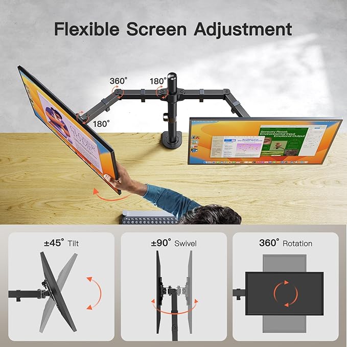 ErGear Dual Monitor Desk Mount for 13″–34″ Monitors up to 26.5 lbs, Fully Adjustable Monitor Stand Holds 2 Computer Screens, Heavy-Duty Dual Monitor Arm with C-Clamp & Grommet Base, Black, EGCM13B