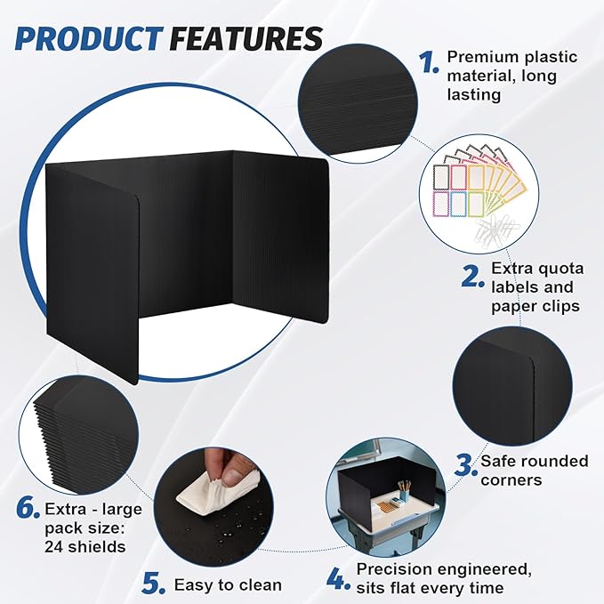 2 Pack Desk Dividers for Students,3-Fold Privacy Screens,Testing Dividers for Classroom Waterproof,Plastic Easy Clean Privacy Shields for Student Includes Extra Labels