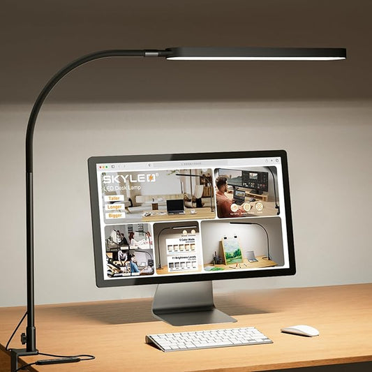 SKYLEO Led Desk Lamp - Desk Light for 33.5" Tall - Flexible Gooseneck - 5 Color Modes X 11 Brightness Levels - 1300LM - Timmer & Memory Function - 12W Clip on Light - Black