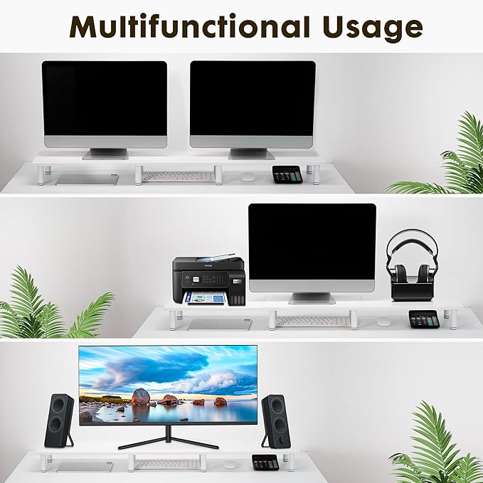 47 Inch Extra-Long Dual Monitor Stand Riser for 2 Monitors, Desk Shelf TV Riser Blocks, Wood and Steel Desktop Riser for Computer, Laptop, Printer, Home Office Organization, White