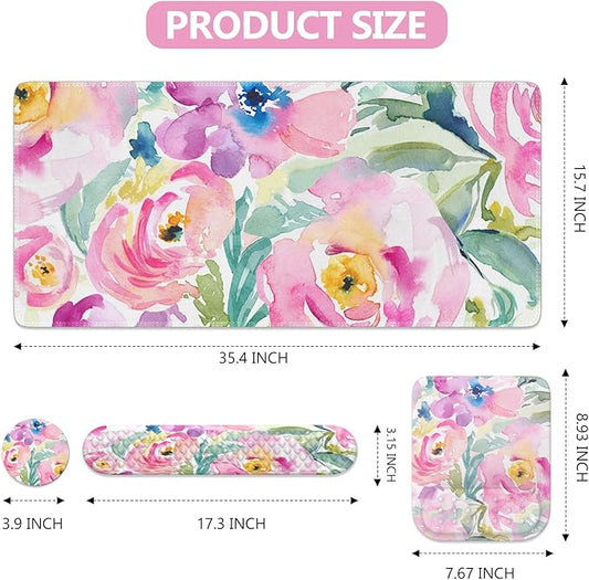 HAOCOO Mouse Pad with Wrist Rest, Large Desk Mat, Ergonomic Keyboard Wrist Support, 4pcs Computer Desk Pad Set with Coaster, Memory Foam Gaming Mousepad for Laptop Girls, Pink Floral
