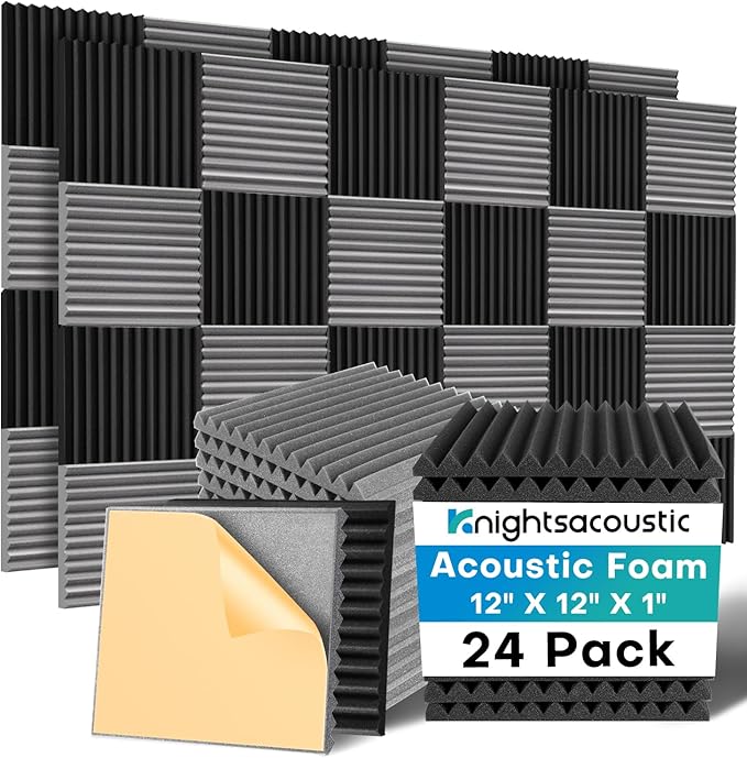 24 Pack Sound Proof Foam Panels with Self Adhesive, 12x12x1 Fire Resistant Acoustic Foam Panels, High Density Acoustic Panels Sound Absorbing, Studio Noise Cancelling Black Grey