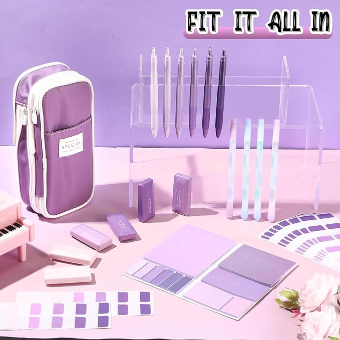 Janlaugh 38 Pcs Aesthetic College School Supplies with Pen Case Sticky Notes Gel Pens Highlighters Correction Tapes Back to School Stationery Kit(Purple Color,Classic)