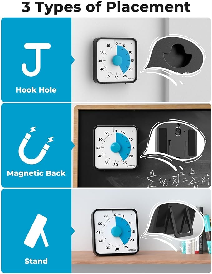 LIORQUE 60 Minute Visual Timer for Kids and Adults, Non-Ticking 7.5 Inch Large Visual Countdown Timers for Classroom Desk Countdown Clock with Magnetic Backing, Kids Pomodoro Timer Clock