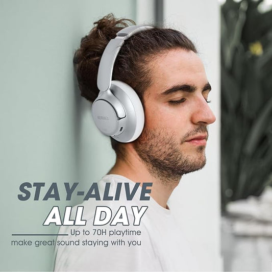 BERIBES Upgraded Hybrid Active Noise Cancelling Wireless Headphones with Transparent Modes,70H Playtime Bluetooth Headphones Wireless with Mic, Deep Bass,3.5MM Cable,Soft-Earpads,Fast Charging-Silver