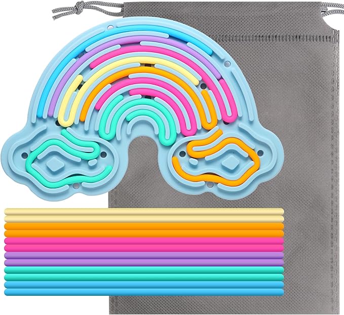 Sensory Activity Board Silicone Fidget Toy, Double-Sided Rainbow Sensory Toys for Autism, Stress, Anxiety, ADHD, Kids 3+& Adults, Includes Travel Bag & 12 Strings, Blue