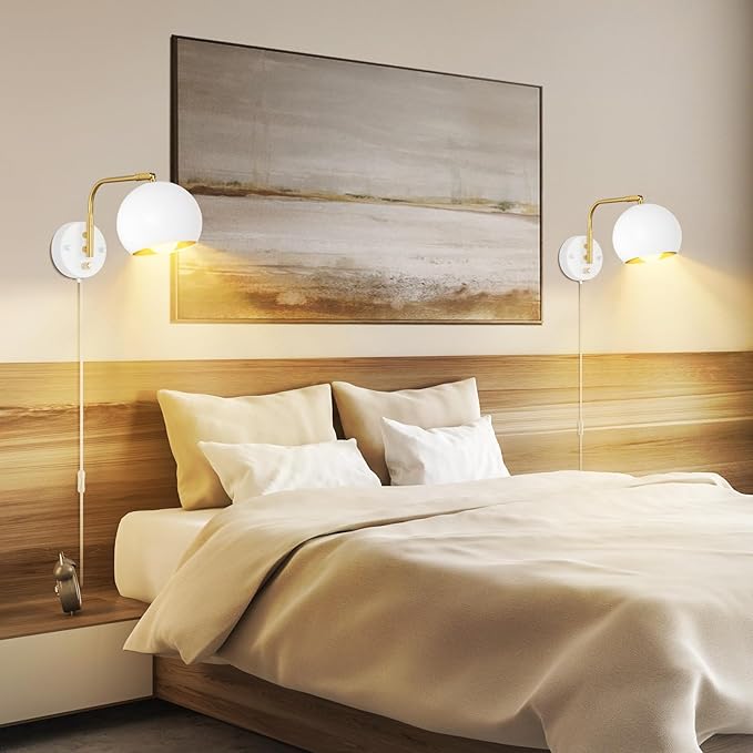 Wall Sconces Plug in, Dimmable Wall Sconce Swing Arm Wall Lights with Plug in Cord and Dimmer On/Off Knob Switch, White Globe Wall Light for Bedside Bedroom Hallway(2 Bulbs Included)