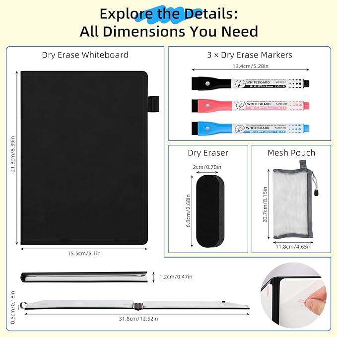 AGM Portable White Board Dry Erase Notebook, 8.4" x 6" Double Sided Folding Whiteboards with 3 Pens, Small Travel Dry Erase Board Skin-Friendly Material for Study, Meeting, Planning, Dark