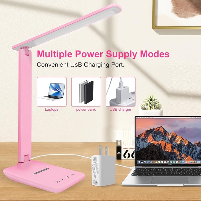 White crown LED Desk Lamp Dimmable Table Lamp Reading Lamp with USB Charging Port, 5 Lighting Modes, Sensitive Control, 30/60 Minutes Timer (Pink, First-Generation)