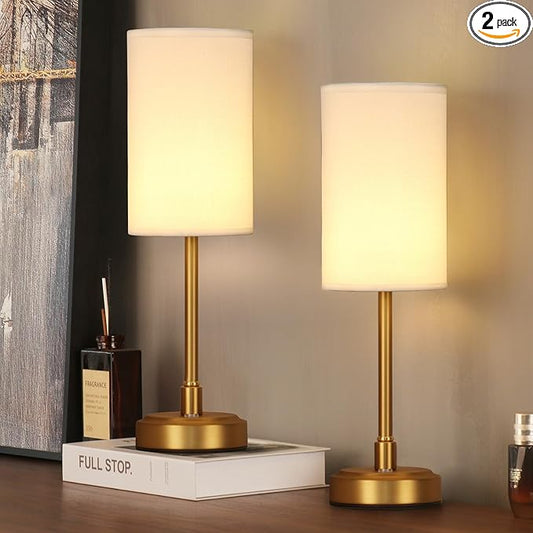 Set of 2 Small Touch Nightstand Lamp Rechargeable Battery Operated Cordless LED Table Lamp, Portable 3 Colors Stepless Dimmable Fabric Desk Light for Restaurant/Bedroom/Outdoor (White+Brass)